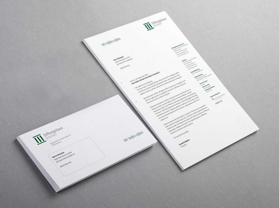 martin zech design, corporate design, stiftungshaus bremen, briefbogen, briefumschlag