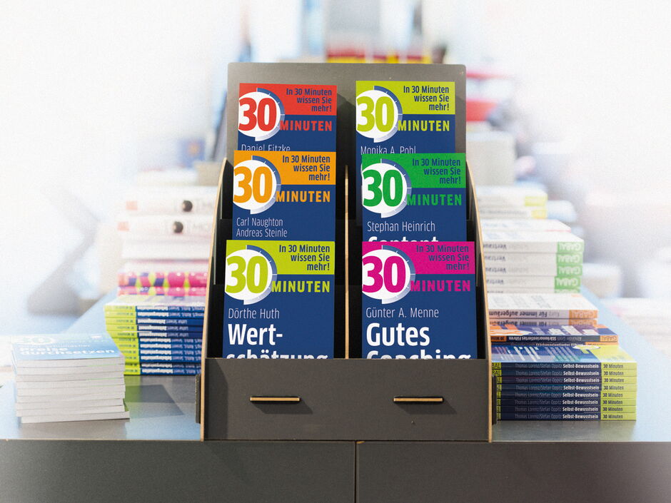 martin zech design, buchcover design, gabal verlag, 30-minuten-reihe, büchertisch, display